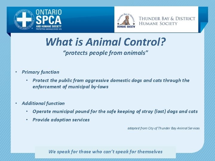 What is Animal Control? “protects people from animals” • Primary function • Protect the