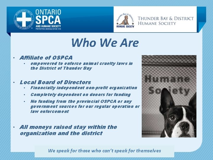 Who We Are • Affiliate of OSPCA • empowered to enforce animal cruelty laws