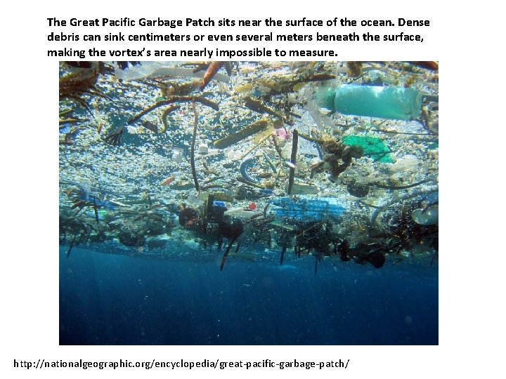 The Great Pacific Garbage Patch sits near the surface of the ocean. Dense debris