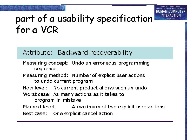 part of a usability specification for a VCR Attribute: Backward recoverability Measuring concept: Undo