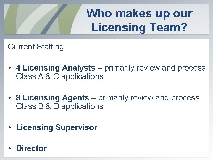 Who makes up our Licensing Team? Current Staffing: • 4 Licensing Analysts – primarily