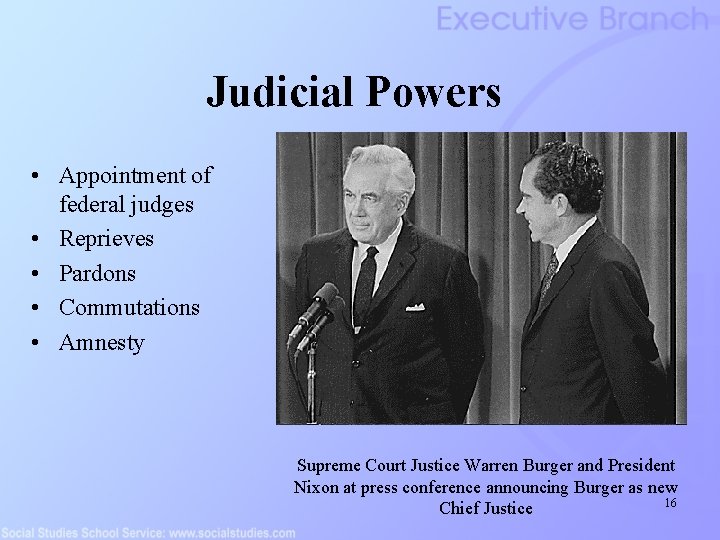Judicial Powers • Appointment of federal judges • Reprieves • Pardons • Commutations •
