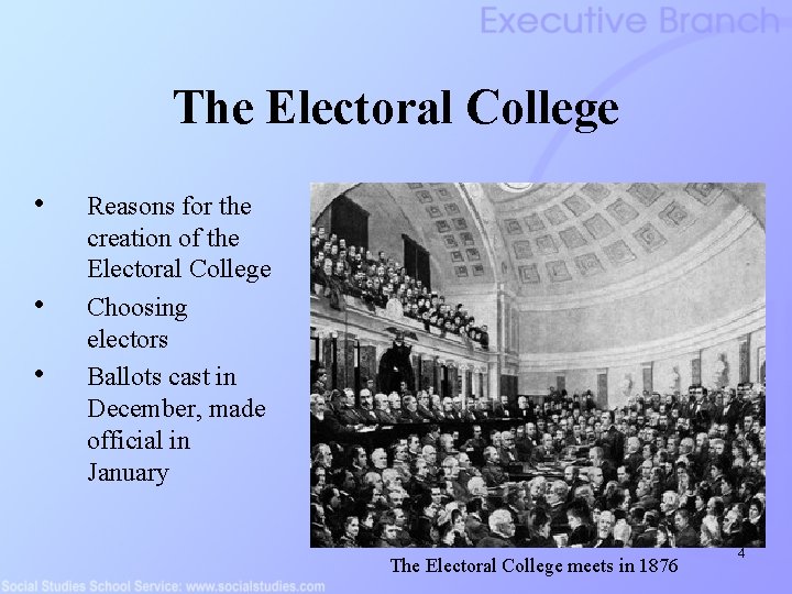 The Electoral College • • • Reasons for the creation of the Electoral College