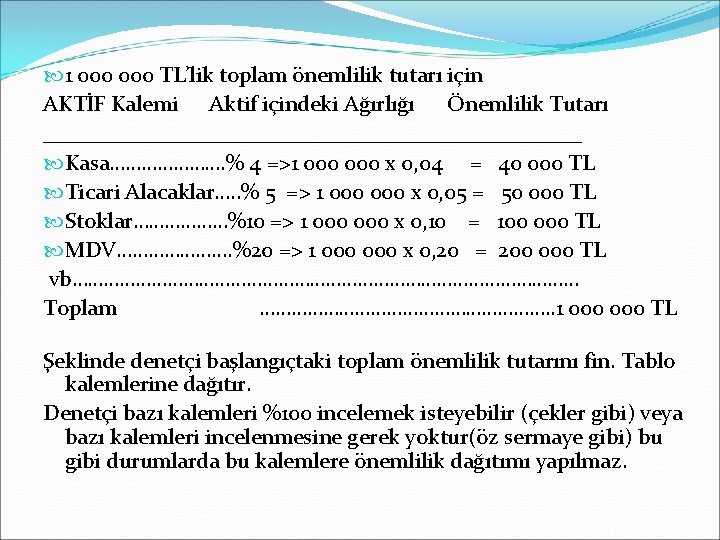  1 000 TL’lik toplam önemlilik tutarı için AKTİF Kalemi Aktif içindeki Ağırlığı Önemlilik