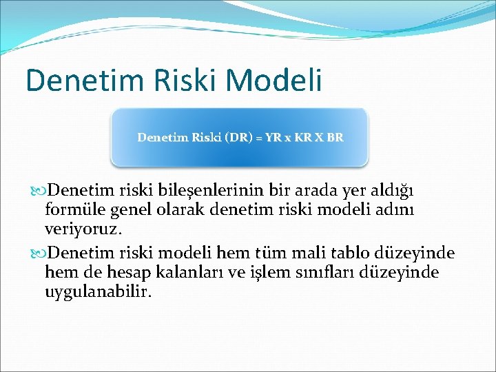 Denetim Riski Modeli Denetim Riski (DR) = YR x KR X BR Denetim riski