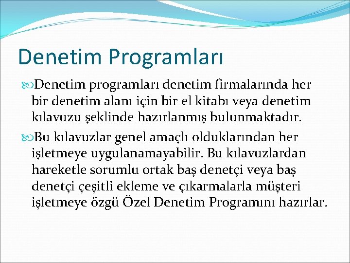 Denetim Programları Denetim programları denetim firmalarında her bir denetim alanı için bir el kitabı