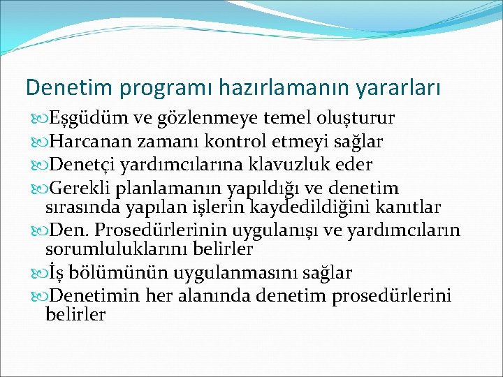Denetim programı hazırlamanın yararları Eşgüdüm ve gözlenmeye temel oluşturur Harcanan zamanı kontrol etmeyi sağlar
