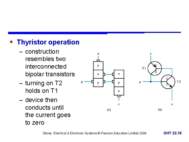 § Thyristor operation – construction resembles two interconnected bipolar transistors – turning on T