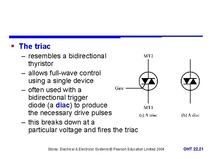 § The triac – resembles a bidirectional thyristor – allows full-wave control using a