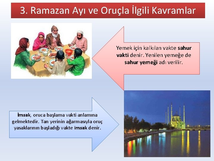 3. Ramazan Ayı ve Oruçla İlgili Kavramlar Yemek için kalkılan vakte sahur vakti denir.