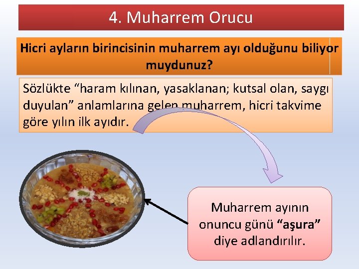 4. Muharrem Orucu Hicri ayların birincisinin muharrem ayı olduğunu biliyor muydunuz? Sözlükte “haram kılınan,