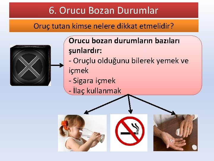 6. Orucu Bozan Durumlar Oruç tutan kimse nelere dikkat etmelidir? Orucu bozan durumların bazıları
