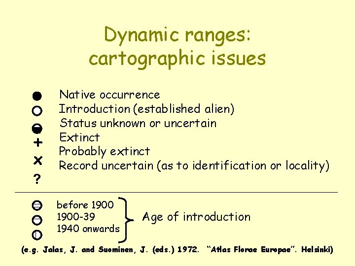 Dynamic ranges: cartographic issues + x ? Native occurrence Introduction (established alien) Status unknown