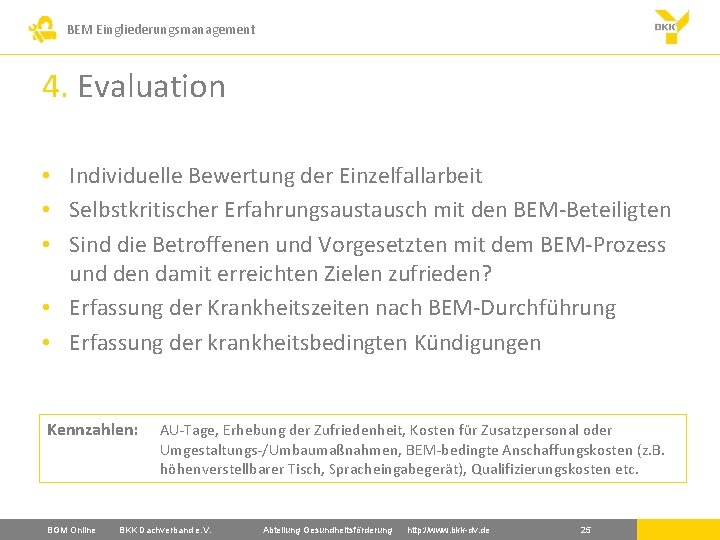 BEM Eingliederungsmanagement 4. Evaluation • Individuelle Bewertung der Einzelfallarbeit • Selbstkritischer Erfahrungsaustausch mit den