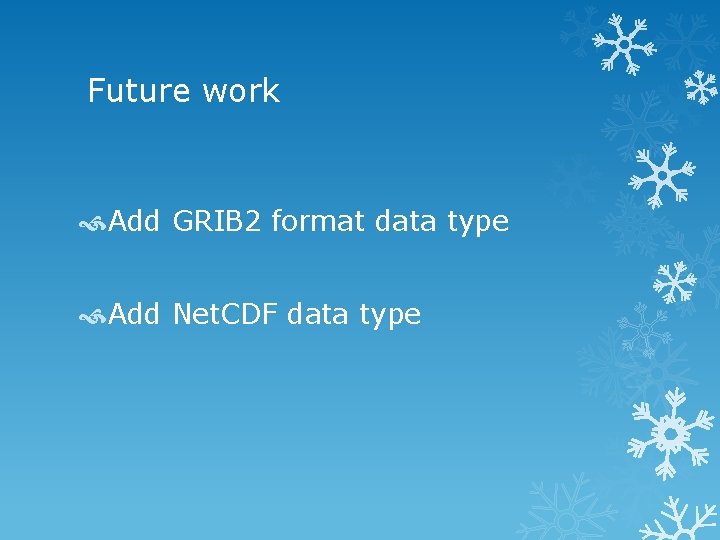 Future work Add GRIB 2 format data type Add Net. CDF data type 