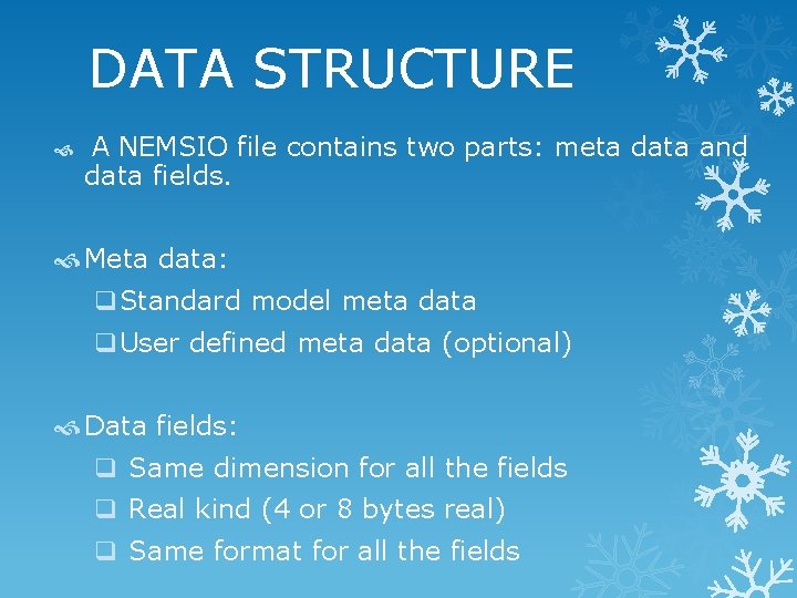 DATA STRUCTURE A NEMSIO file contains two parts: meta data and data fields. Meta