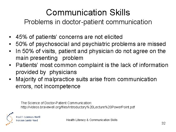 Communication Skills Problems in doctor-patient communication • 45% of patients’ concerns are not elicited