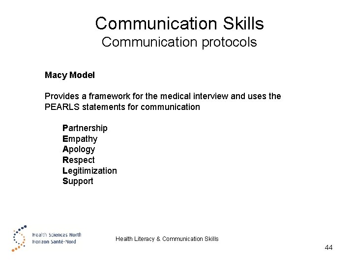 Communication Skills Communication protocols Macy Model Provides a framework for the medical interview and