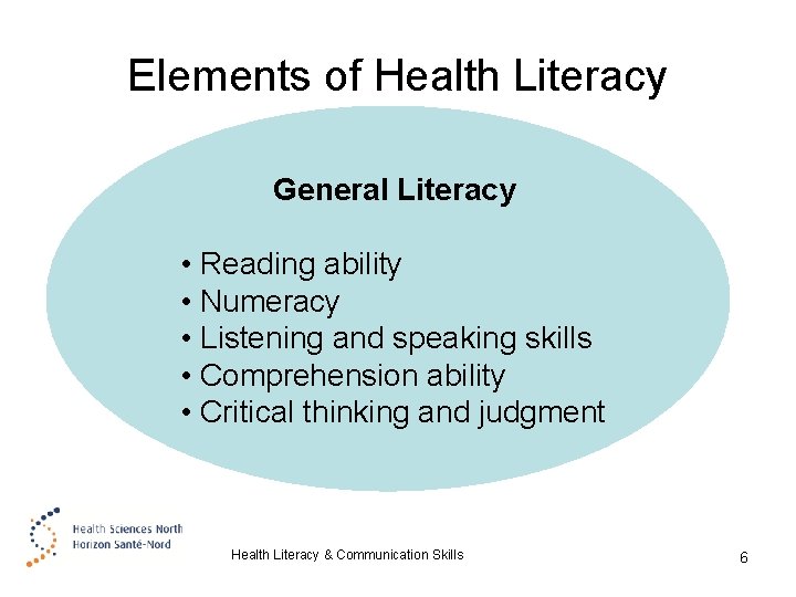 Elements of Health Literacy General Literacy • Reading ability • Numeracy • Listening and