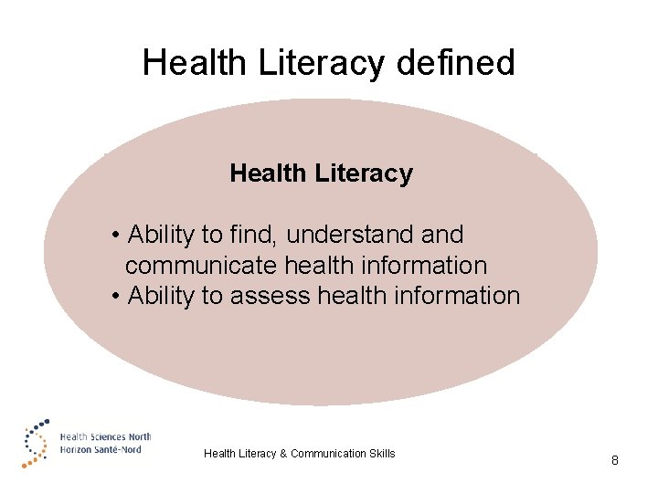 Health Literacy defined Health Literacy • Ability to find, understand communicate health information •