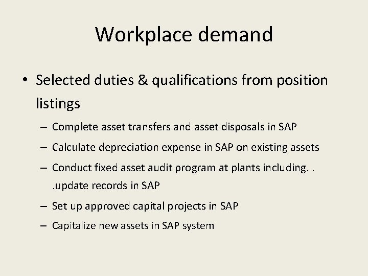 Workplace demand • Selected duties & qualifications from position listings – Complete asset transfers