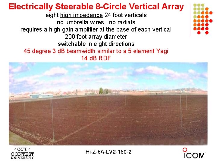 Electrically Steerable 8 -Circle Vertical Array eight high impedance 24 foot verticals no umbrella