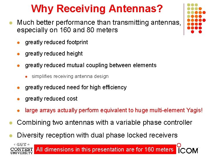 Why Receiving Antennas? l Much better performance than transmitting antennas, especially on 160 and