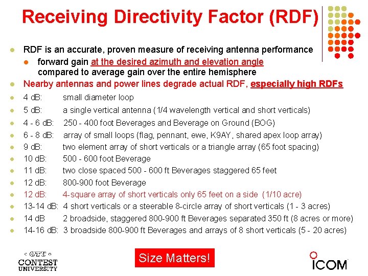 Receiving Directivity Factor (RDF) l RDF is an accurate, proven measure of receiving antenna