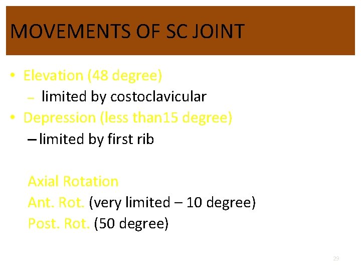 MOVEMENTS OF SC JOINT • Elevation (48 degree) – limited by costoclavicular • Depression