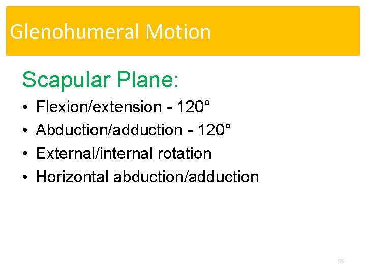 Glenohumeral Motion Scapular Plane: • • Flexion/extension - 120° Abduction/adduction - 120° External/internal rotation