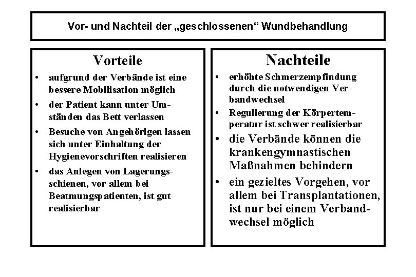 Vor- und Nachteil der „geschlossenen“ Wundbehandlung Vorteile • aufgrund der Verbände ist eine bessere