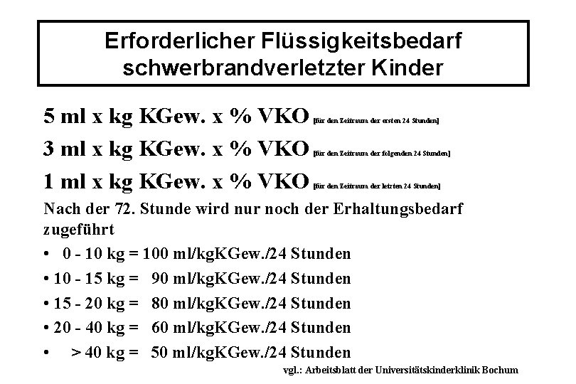 Erforderlicher Flüssigkeitsbedarf schwerbrandverletzter Kinder 5 ml x kg KGew. x % VKO 3 ml