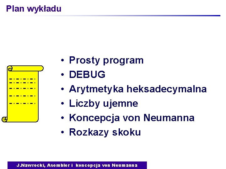 Plan wykładu • • • Prosty program DEBUG Arytmetyka heksadecymalna Liczby ujemne Koncepcja von