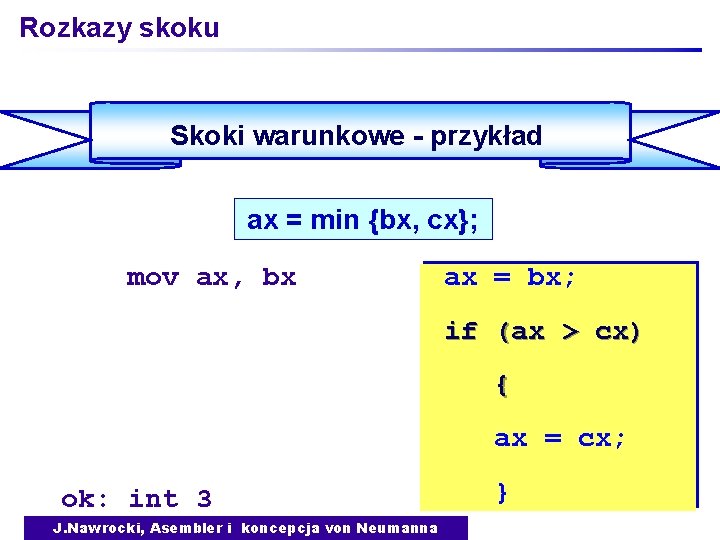 Rozkazy skoku Skoki warunkowe - przykład ax = min {bx, cx}; mov ax, bx