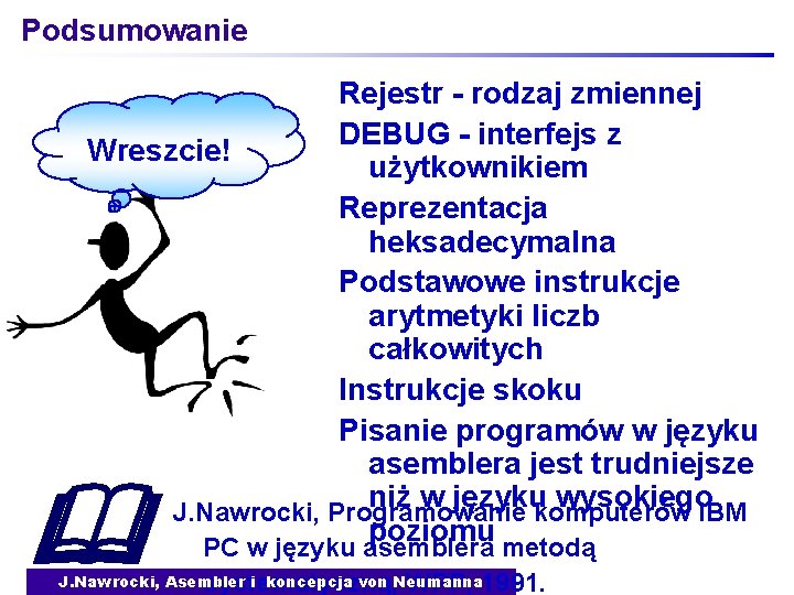 Podsumowanie Rejestr - rodzaj zmiennej DEBUG - interfejs z Wreszcie! użytkownikiem Reprezentacja heksadecymalna Podstawowe