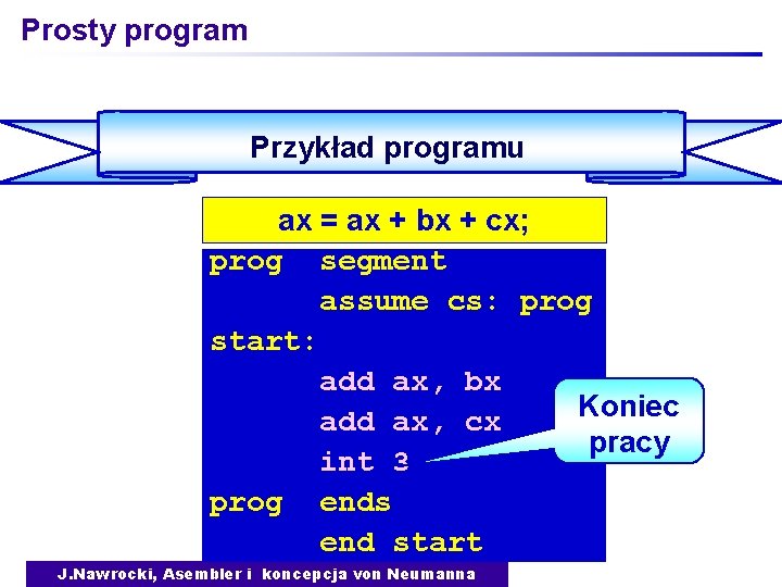 Prosty program Przykład programu ax = ax + bx + cx; prog segment assume
