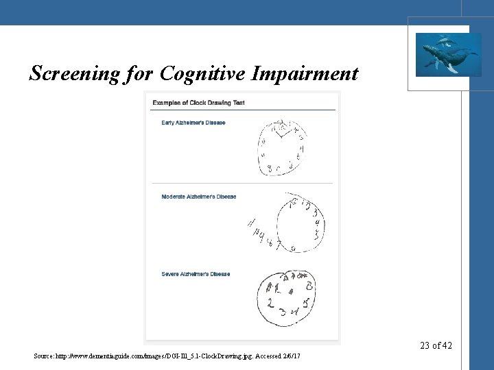 Screening for Cognitive Impairment 23 of 42 Source: http: //www. dementiaguide. com/images/DGI-Ill_5. 1 -Clock.