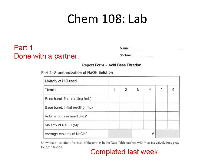 Chem 108: Lab Part 1 Done with a partner. Completed last week. 