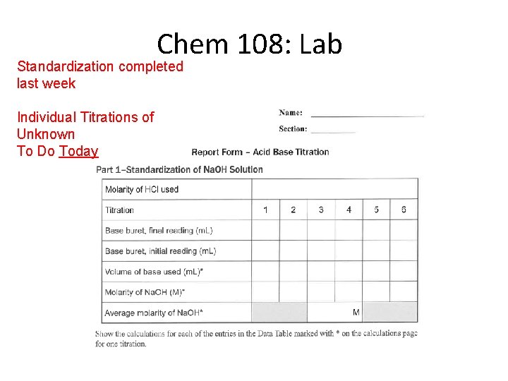 Chem 108: Lab Standardization completed last week Individual Titrations of Unknown To Do Today