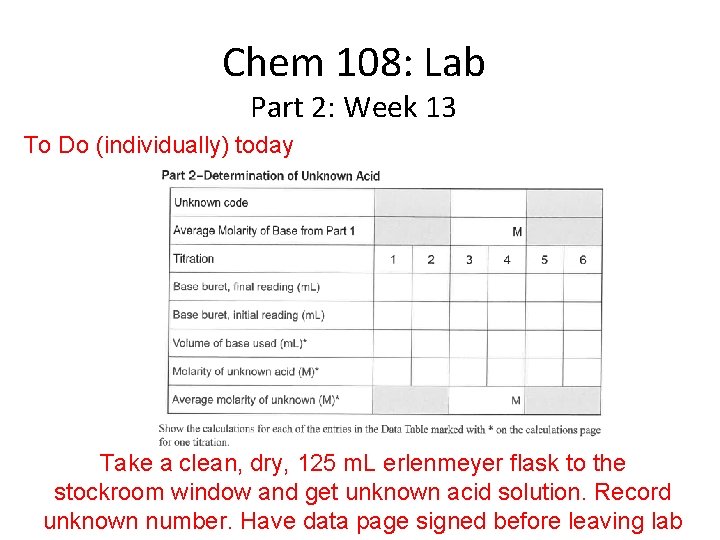 Chem 108: Lab Part 2: Week 13 To Do (individually) today Take a clean,