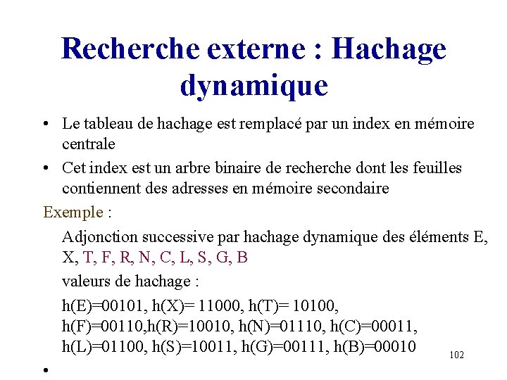 Recherche externe : Hachage dynamique • Le tableau de hachage est remplacé par un