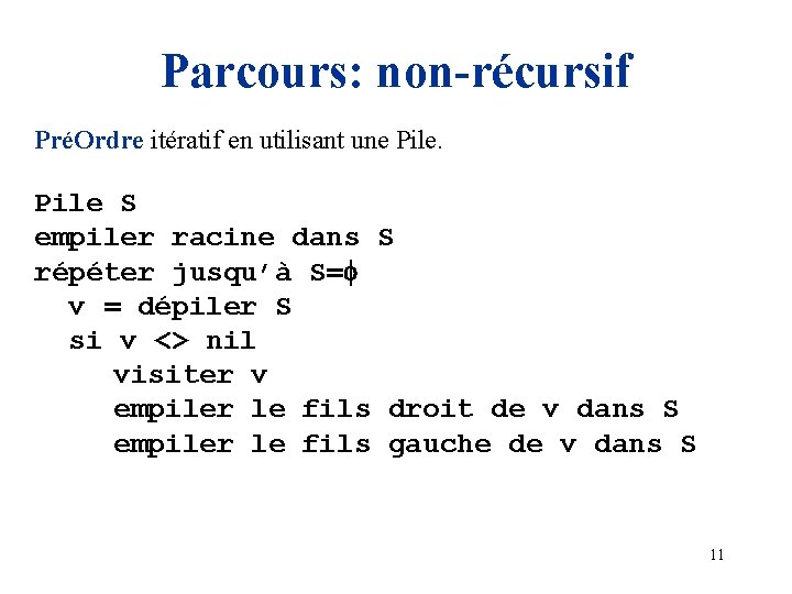 Parcours: non-récursif PréOrdre itératif en utilisant une Pile S empiler racine dans S répéter