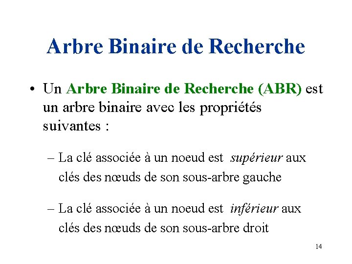 Arbre Binaire de Recherche • Un Arbre Binaire de Recherche (ABR) est un arbre