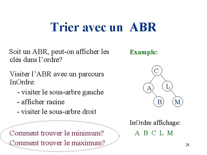 Trier avec un ABR Soit un ABR, peut-on afficher les clés dans l’ordre? Visiter