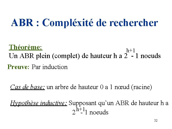 ABR : Compléxité de recher Théorème: h+1 Un ABR plein (complet) de hauteur h