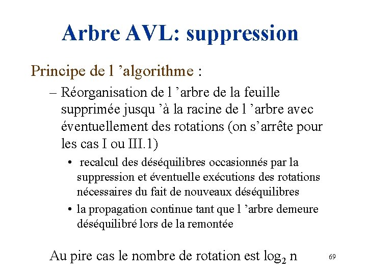Arbre AVL: suppression Principe de l ’algorithme : – Réorganisation de l ’arbre de