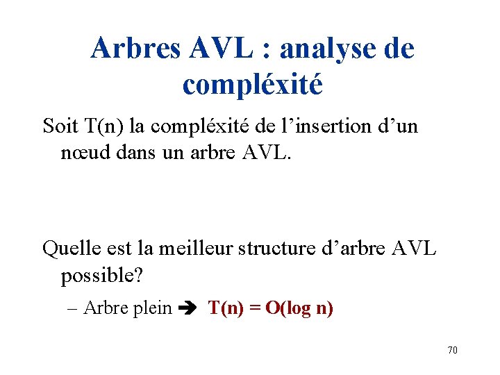 Arbres AVL : analyse de compléxité Soit T(n) la compléxité de l’insertion d’un nœud
