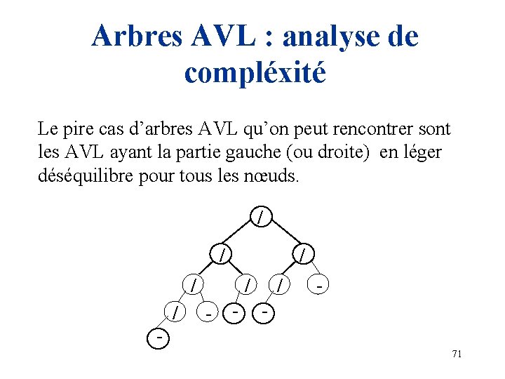 Arbres AVL : analyse de compléxité Le pire cas d’arbres AVL qu’on peut rencontrer