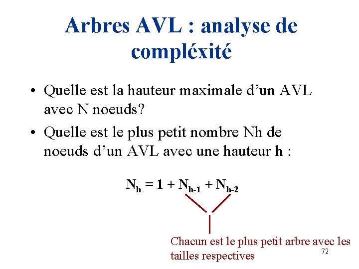 Arbres AVL : analyse de compléxité • Quelle est la hauteur maximale d’un AVL