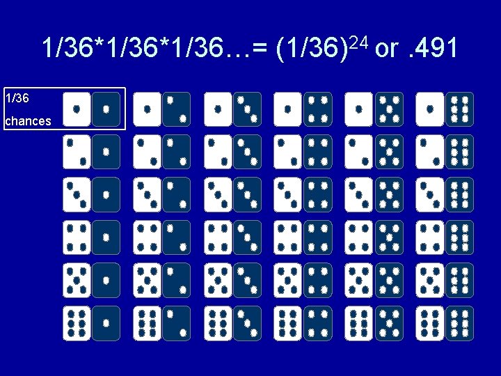 1/36*1/36…= (1/36)24 or. 491 1/36 chances 